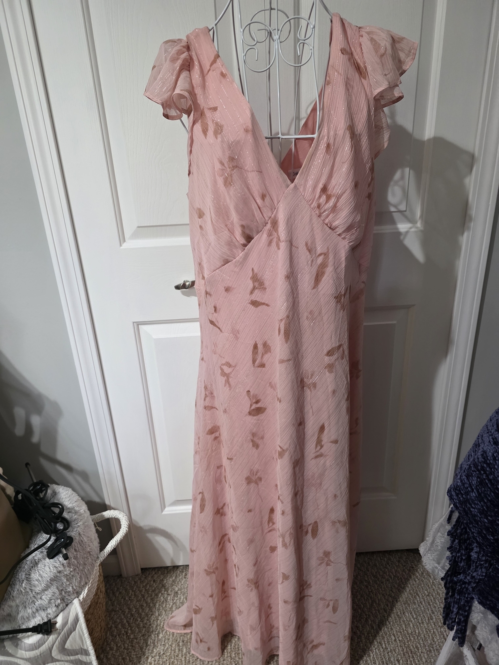 Calvin Klein Pink V-Neck Flutter-Sleeve Maxi Dress - Picture 2 of 6